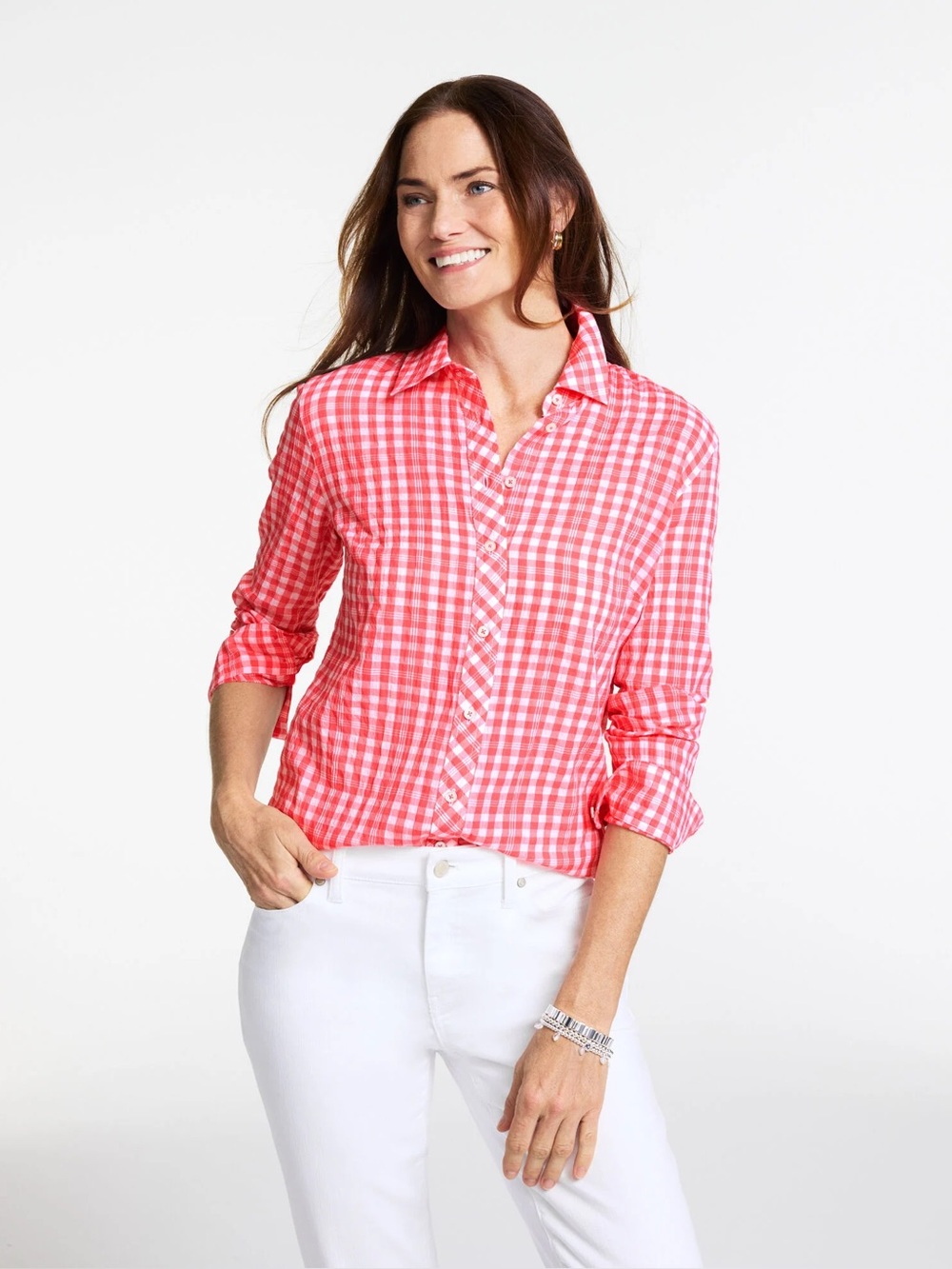 Talbots Pink Gingham Button Front Shirt Cotton Lyocell Medium